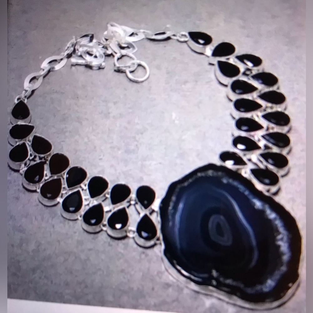 Botswana Agate Black Onyx Stamped 925 Sterling Silver Necklace